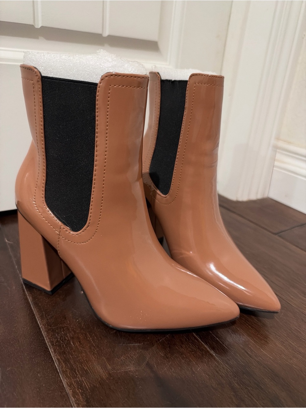 Sleek Tan Patent Block Heel Boots